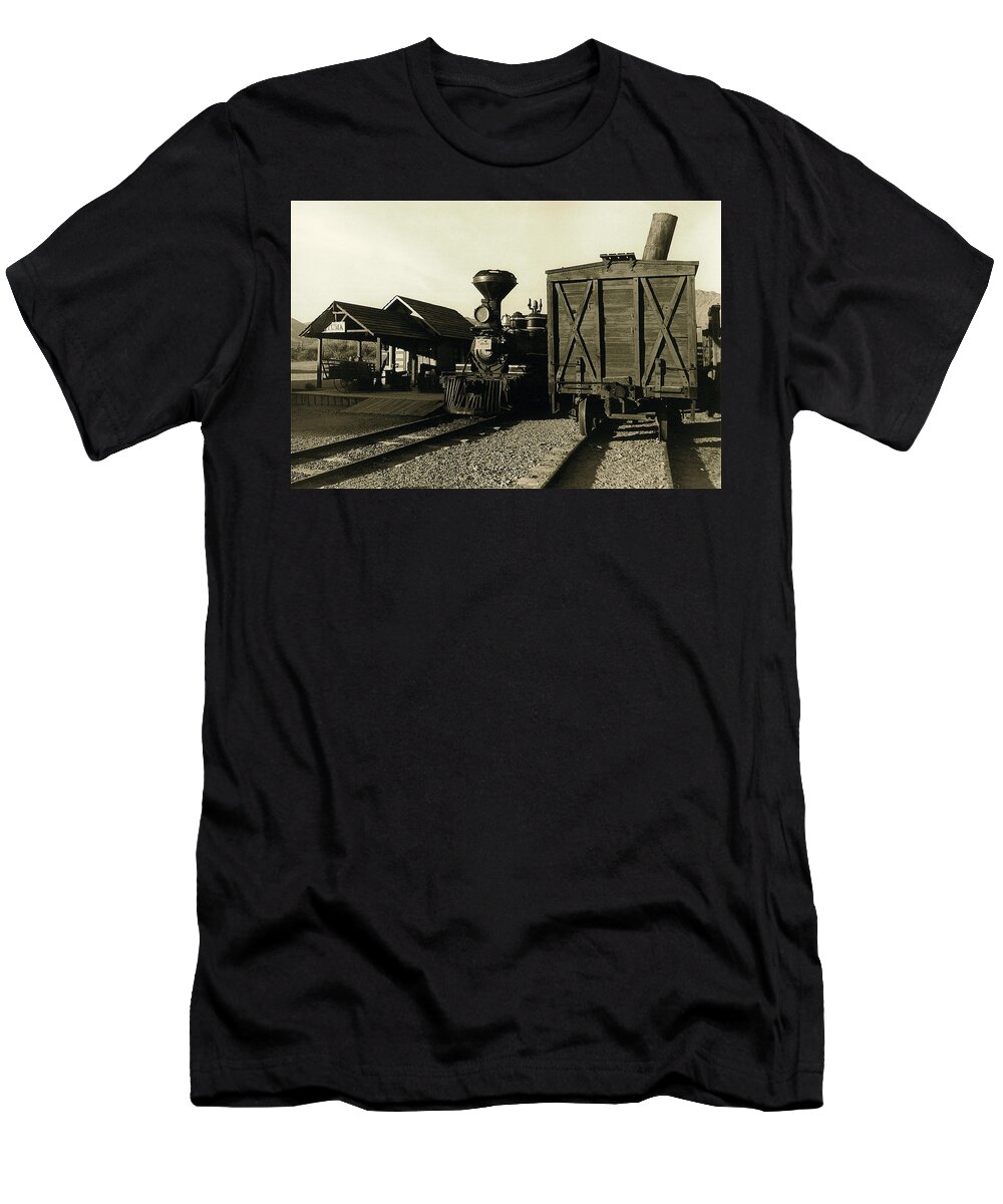 Reno Rr Engine And Station Old Tucson Arizona 1984 T-Shirt featuring the photograph Reno RR engine and station Old Tucson Arizona 1984 by David Lee Guss
