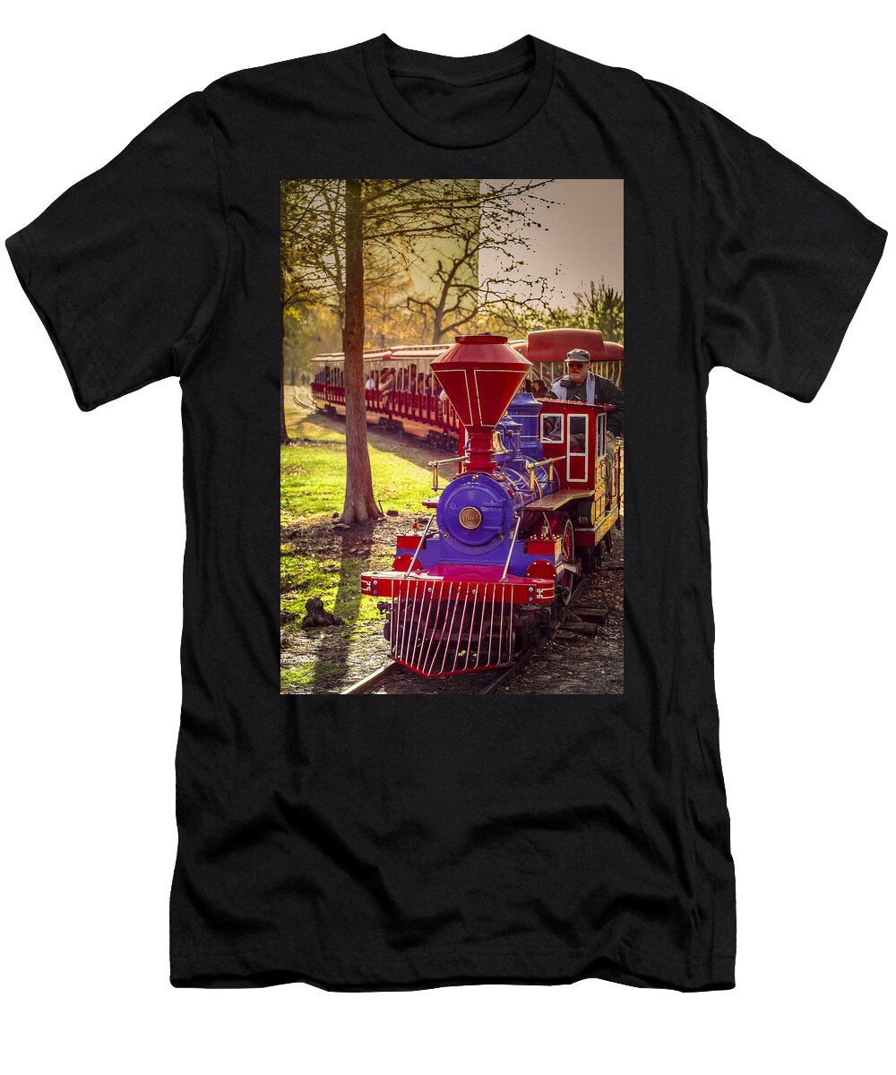 Train T-Shirt featuring the photograph Riding out of the Sunset on the Hermann Park Train by David Morefield