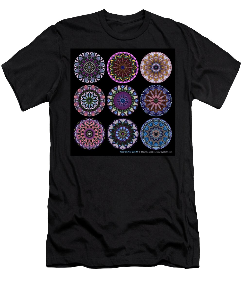 Blue T-Shirt featuring the digital art Rose Window Quilt 1 by Ann Stretton