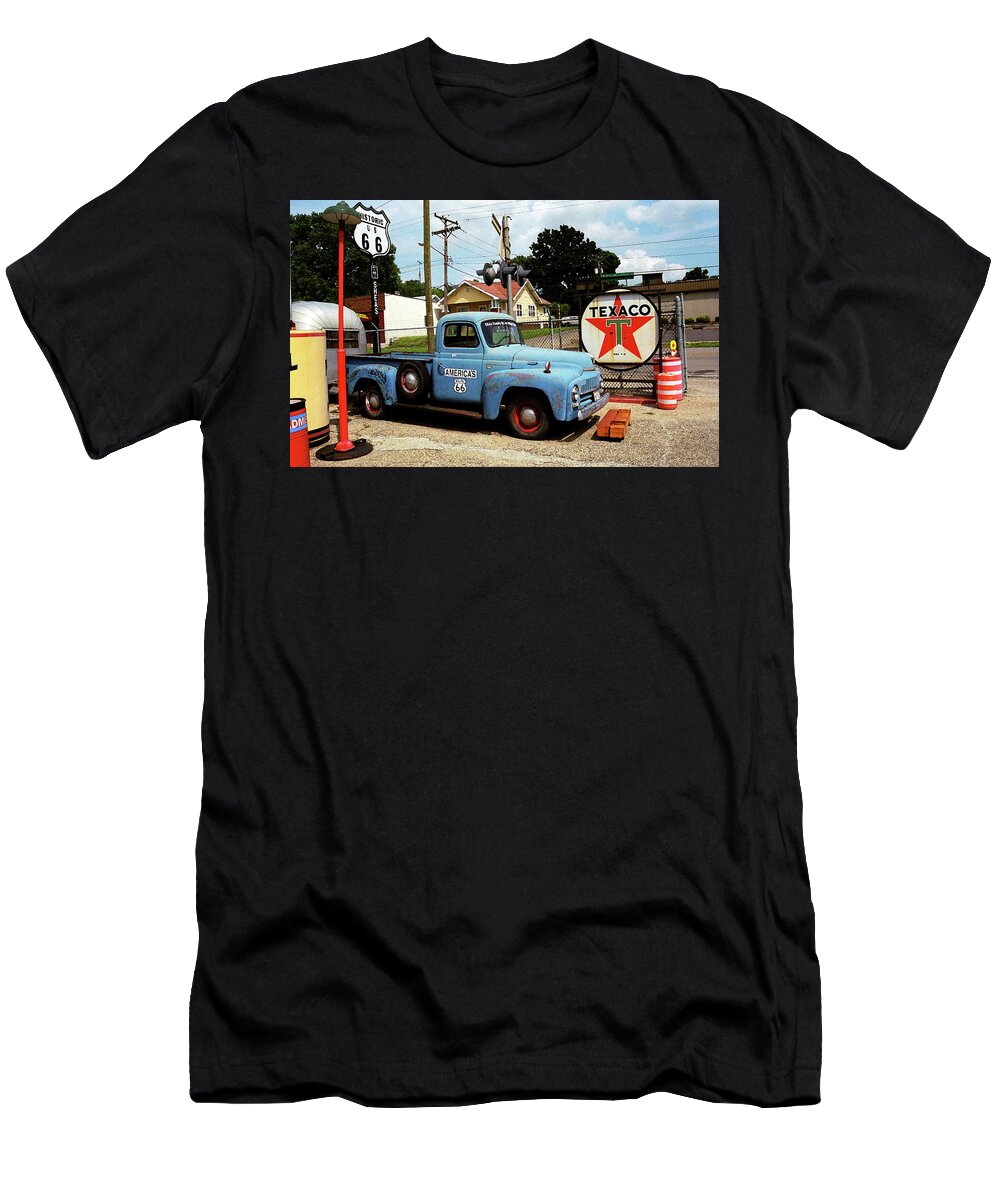66 T-Shirt featuring the photograph Route 66 - Gas Station with Watercolor Effect by Frank Romeo
