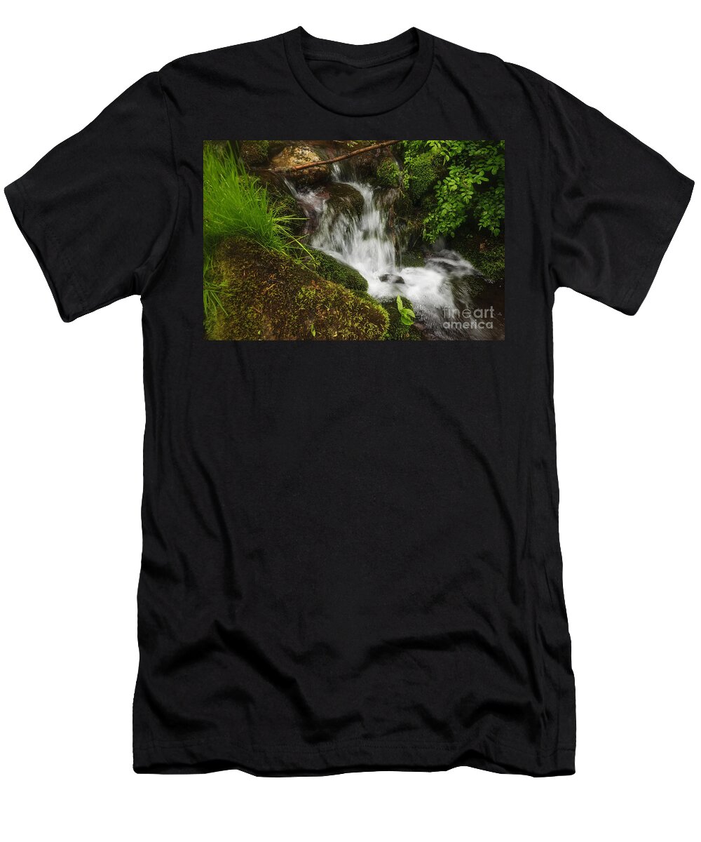 (relaxed Or Relaxing) T-Shirt featuring the photograph Rushing Mountain Stream and Moss by Debra Fedchin