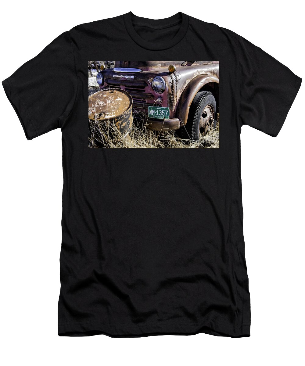 Colorado T-Shirt featuring the photograph Rusty Truck and Barrel by Timothy Hacker