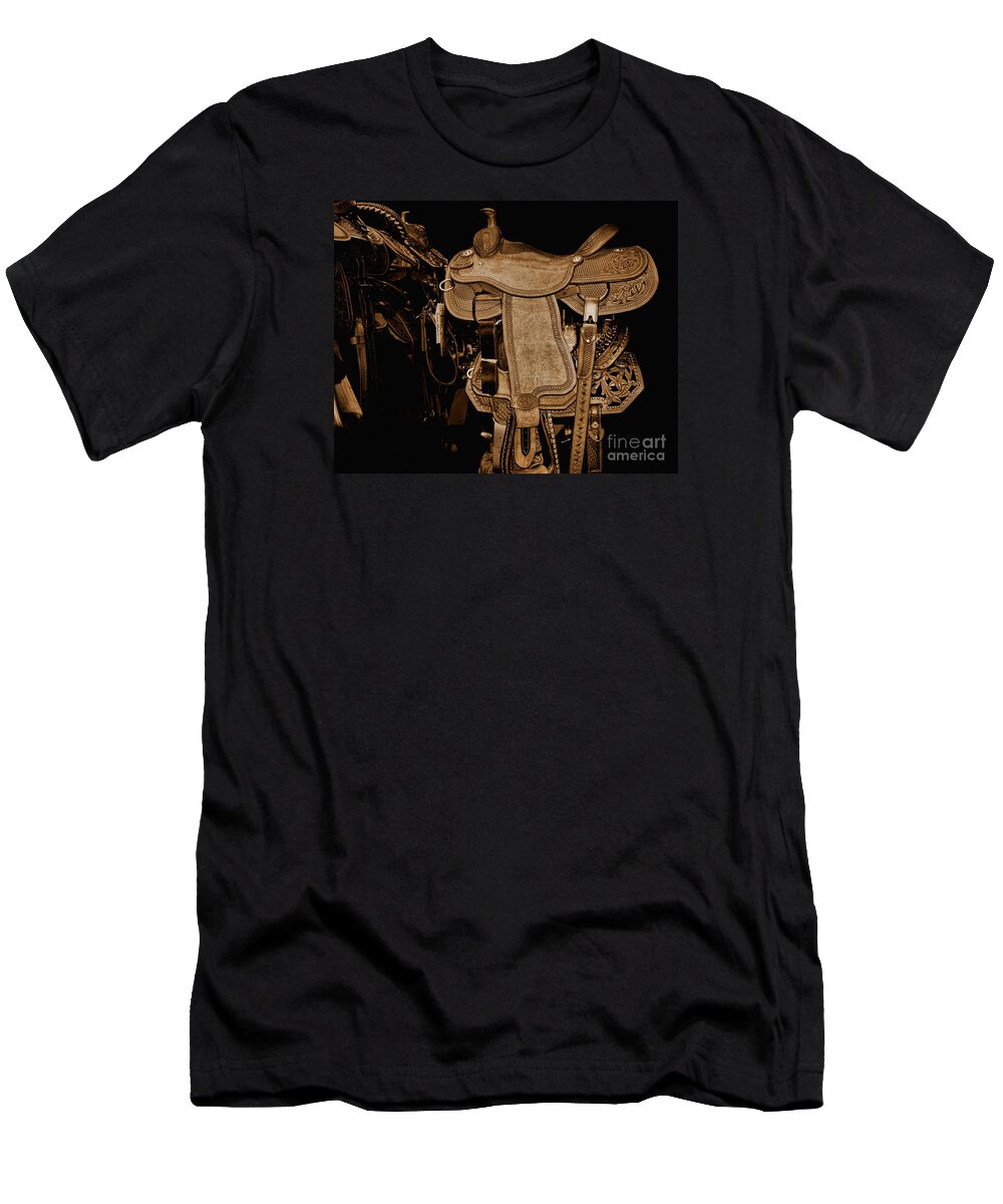 Saddle T-Shirt featuring the photograph Saddle Up - Sepia by TN Fairey