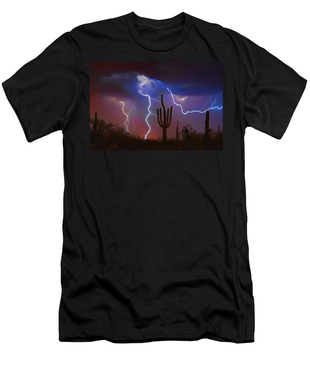 Saguaro T-Shirt featuring the photograph Saguaro Lightning Nature Fine Art Photograph by James BO Insogna