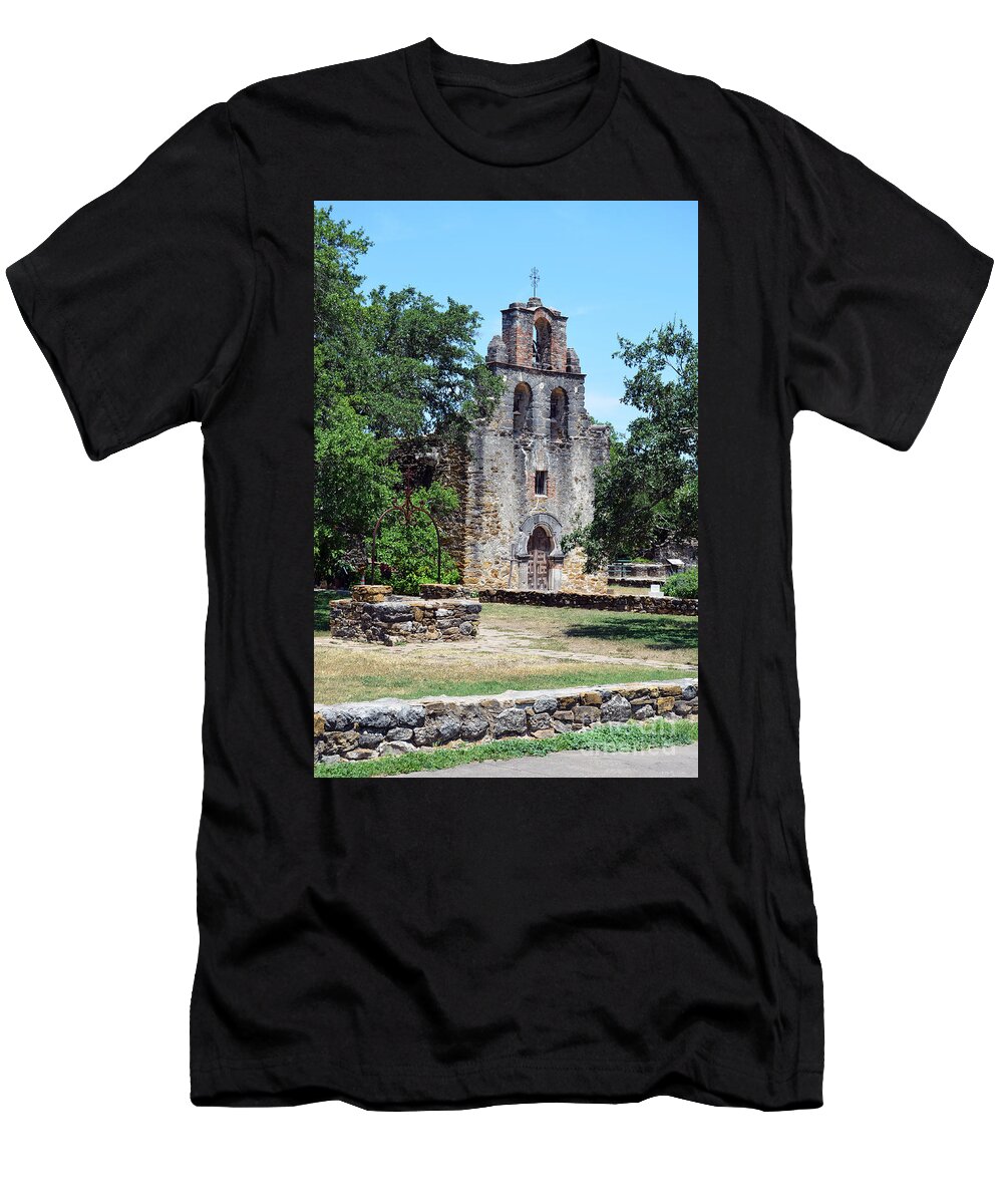 Travelpixpro San Antonio T-Shirt featuring the photograph San Antonio Missions National Historical Park Mission Espada Chapel and Well by Shawn O'Brien