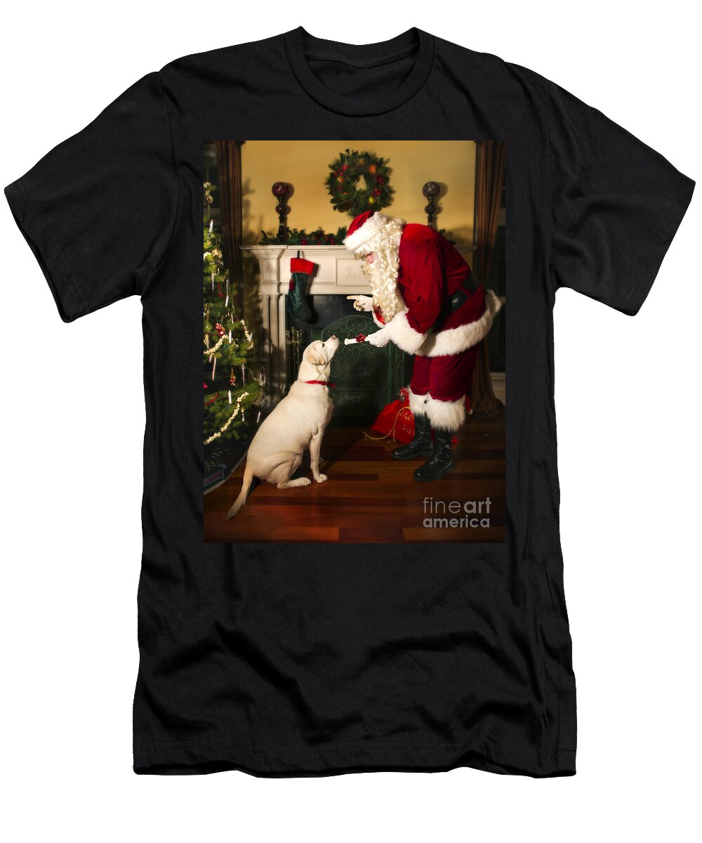 Santa T-Shirt featuring the photograph Santa Giving the Dog a Gift by Diane Diederich