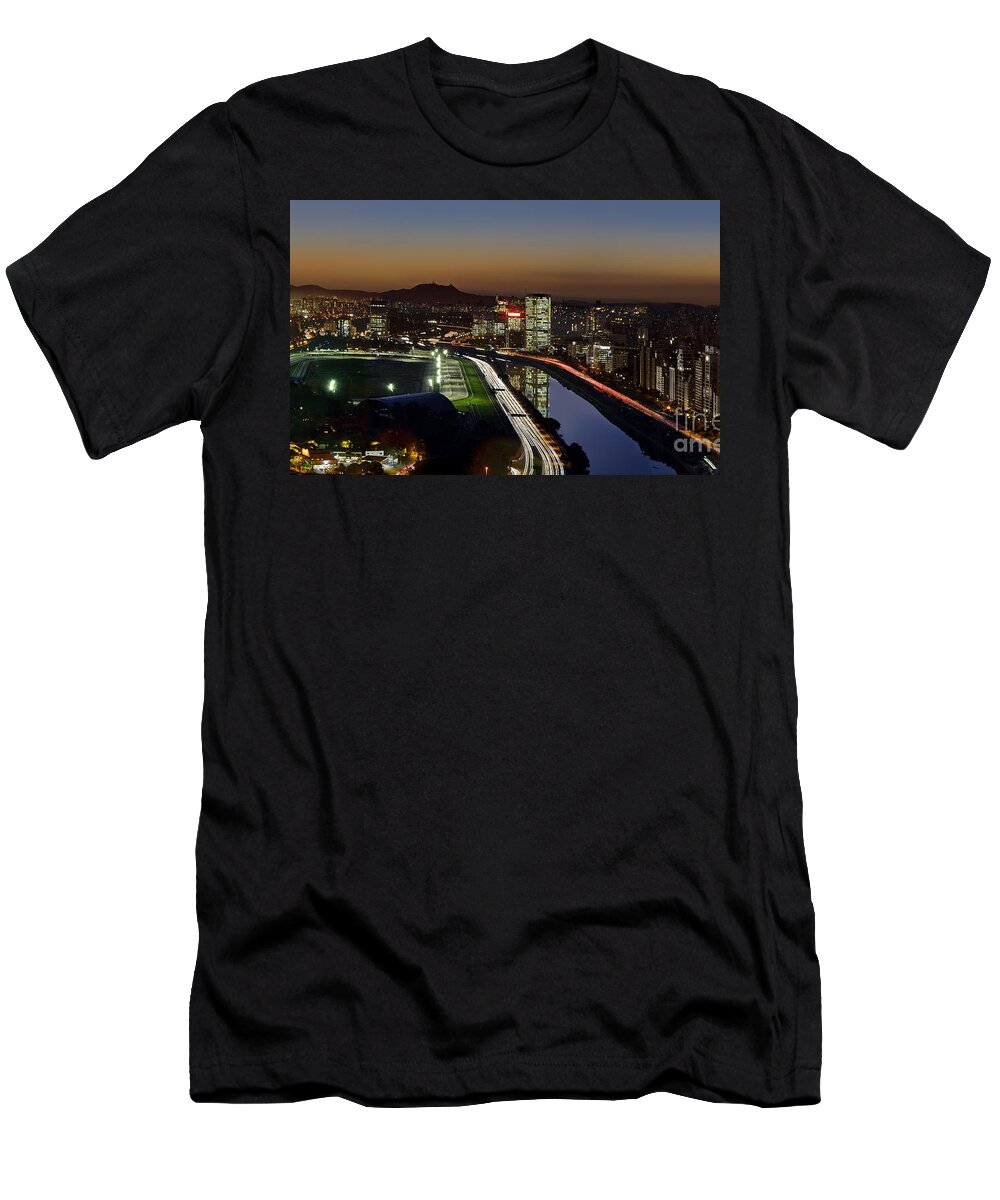 Sao Paulo T-Shirt featuring the photograph Sao Paulo Skyline at Dusk - Jockey Club - Pinheiros River towards Pico do Jaragua by Carlos Alkmin
