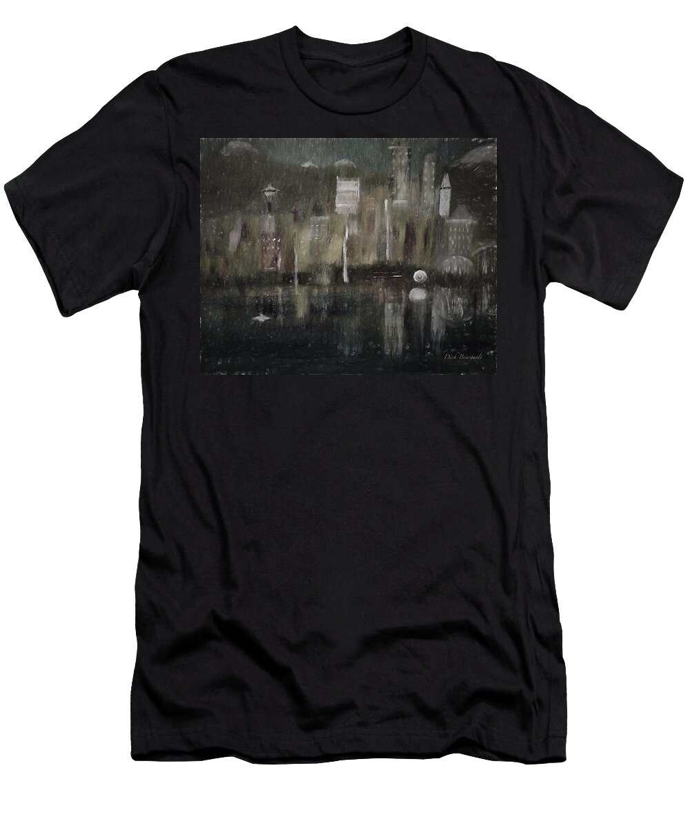 Seattle T-Shirt featuring the mixed media Seattle in the Rain CityScape by Dick Bourgault