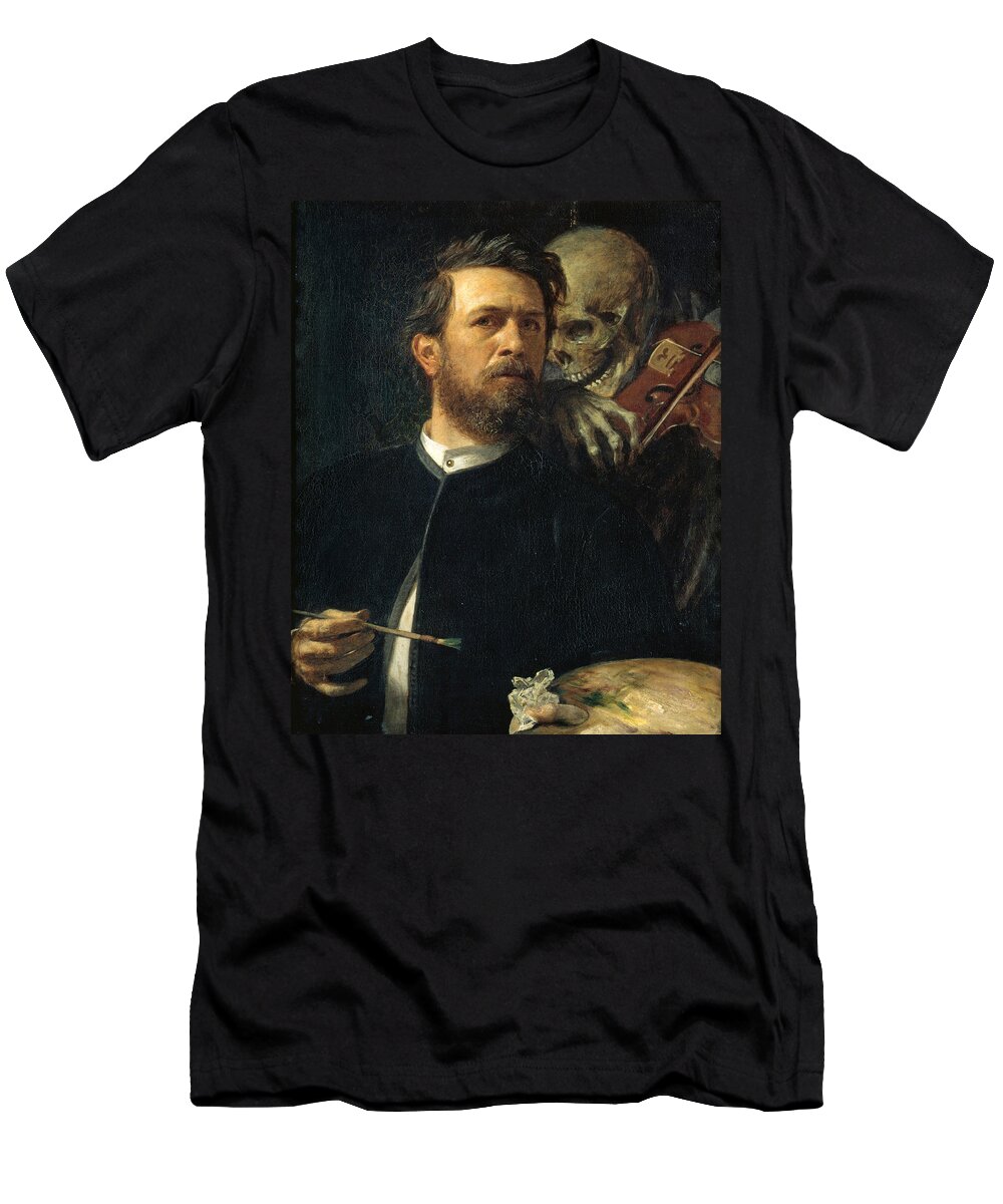 Arnold Boecklin T-Shirt featuring the painting Self-Portrait with Death as a Fiddler by Arnold Boecklin