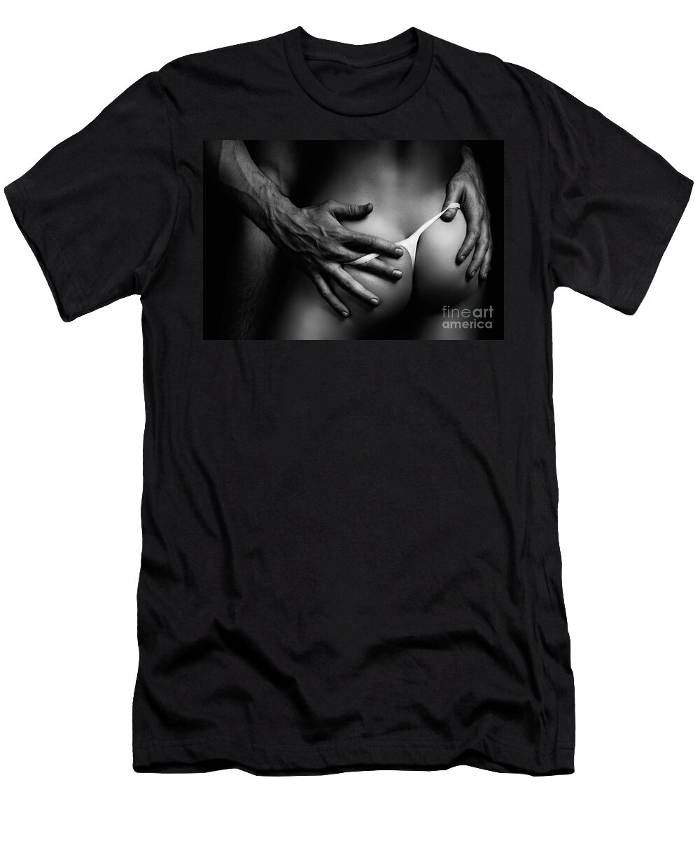 Sex T-Shirt featuring the photograph Sexy Couple Closeup of Bodies Black and white by Maxim Images Exquisite Prints