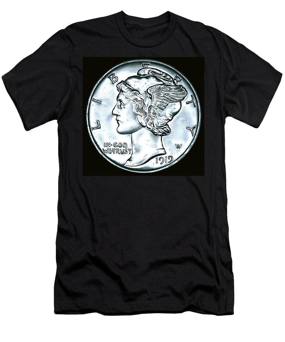 Coin T-Shirt featuring the drawing Black Silver Mercury Dime by Fred Larucci