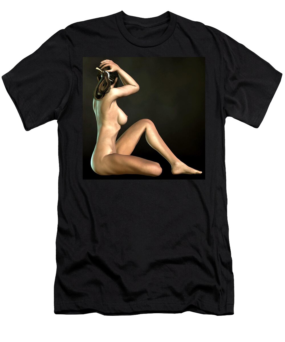 Nude T-Shirt featuring the digital art Sitting Hude Holding Head by Kaylee Mason