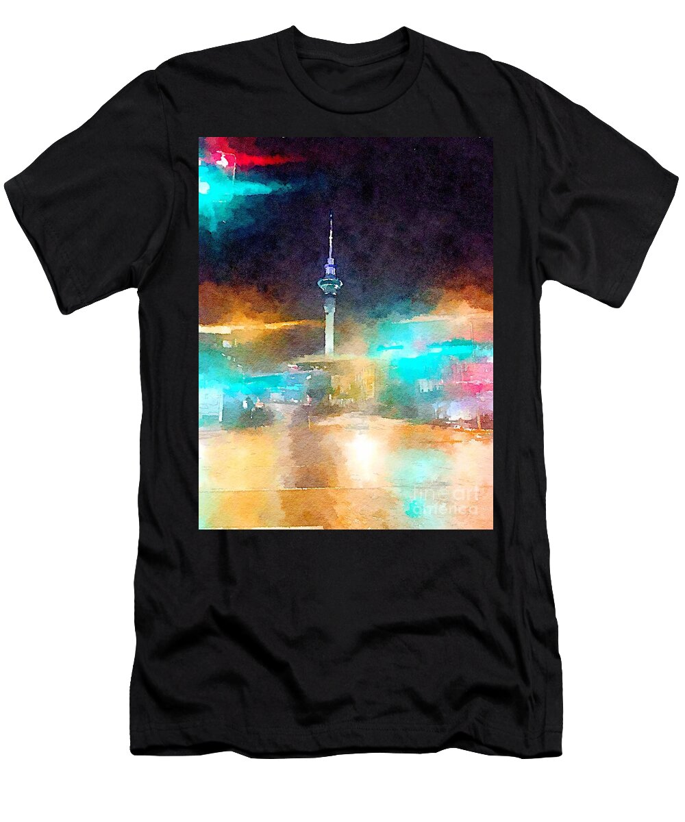 Sky Tower T-Shirt featuring the painting Sky Tower by night by HELGE Art Gallery