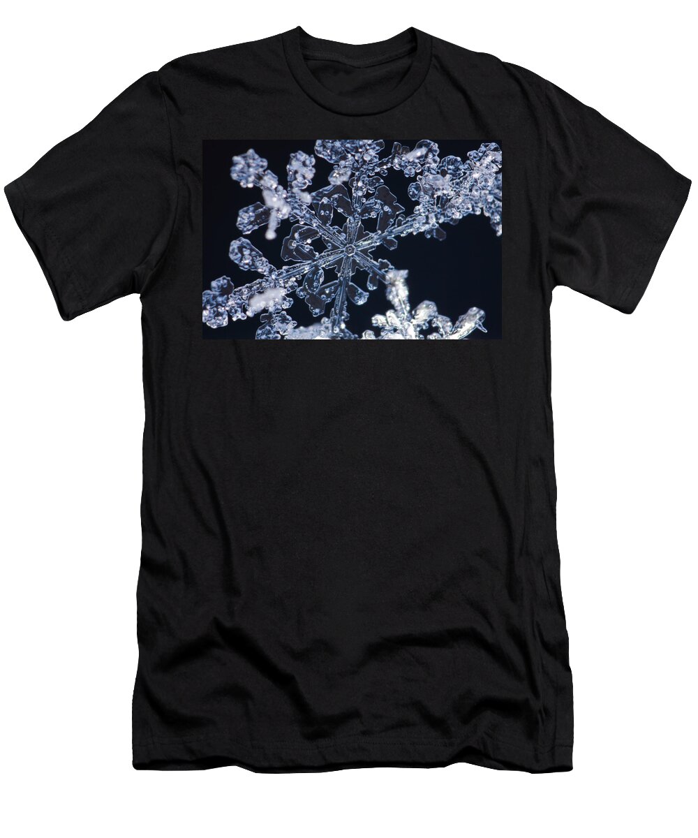 Black T-Shirt featuring the photograph Snowflake blue and black by Ulrich Kunst And Bettina Scheidulin