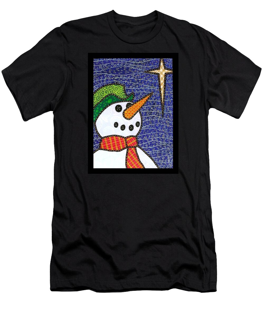 Snow T-Shirt featuring the painting Snowman and Star by Jim Harris