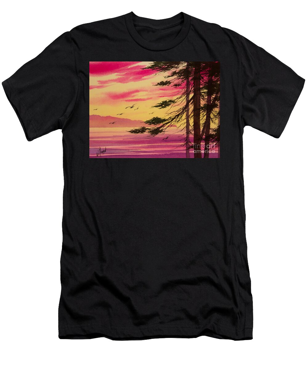 Sunset T-Shirt featuring the painting Splendid Sunset Bay by James Williamson