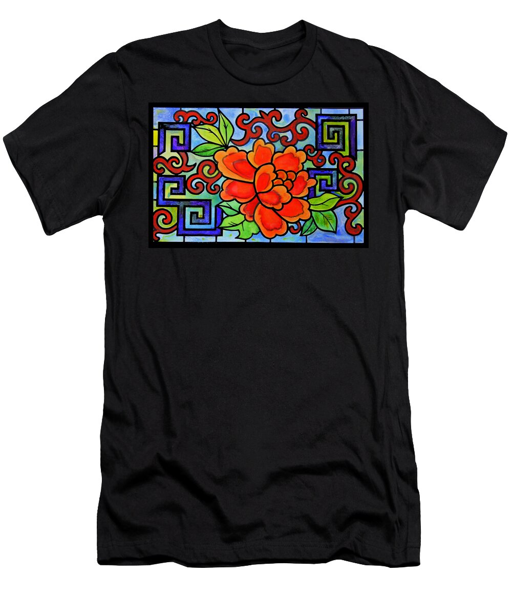 Stained T-Shirt featuring the painting Stained Glass Asian Floral by Donna Walsh