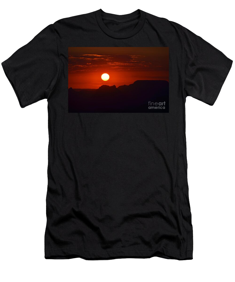 Travelpixpro Grand Canyon T-Shirt featuring the photograph Stark Orange Sunset Twilight over Silhouetted Spires in the Grand Canyon by Shawn O'Brien