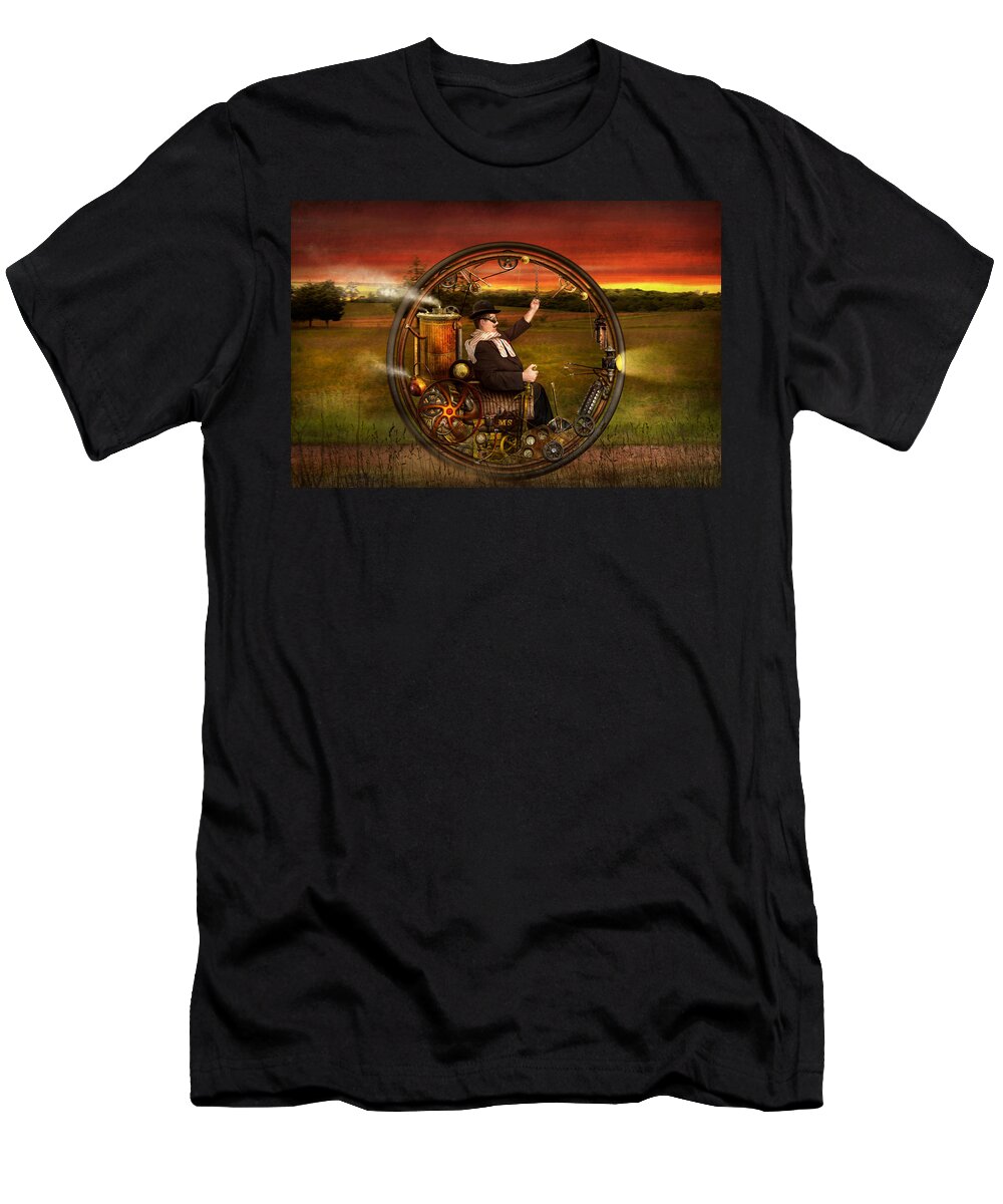 Self T-Shirt featuring the digital art Steampunk - The gentleman's monowheel by Mike Savad