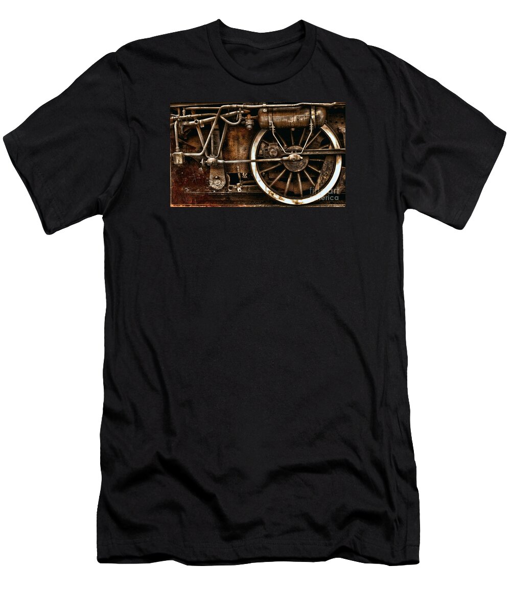 Wheels T-Shirt featuring the photograph Steampunk- Wheels of vintage steam train by Daliana Pacuraru