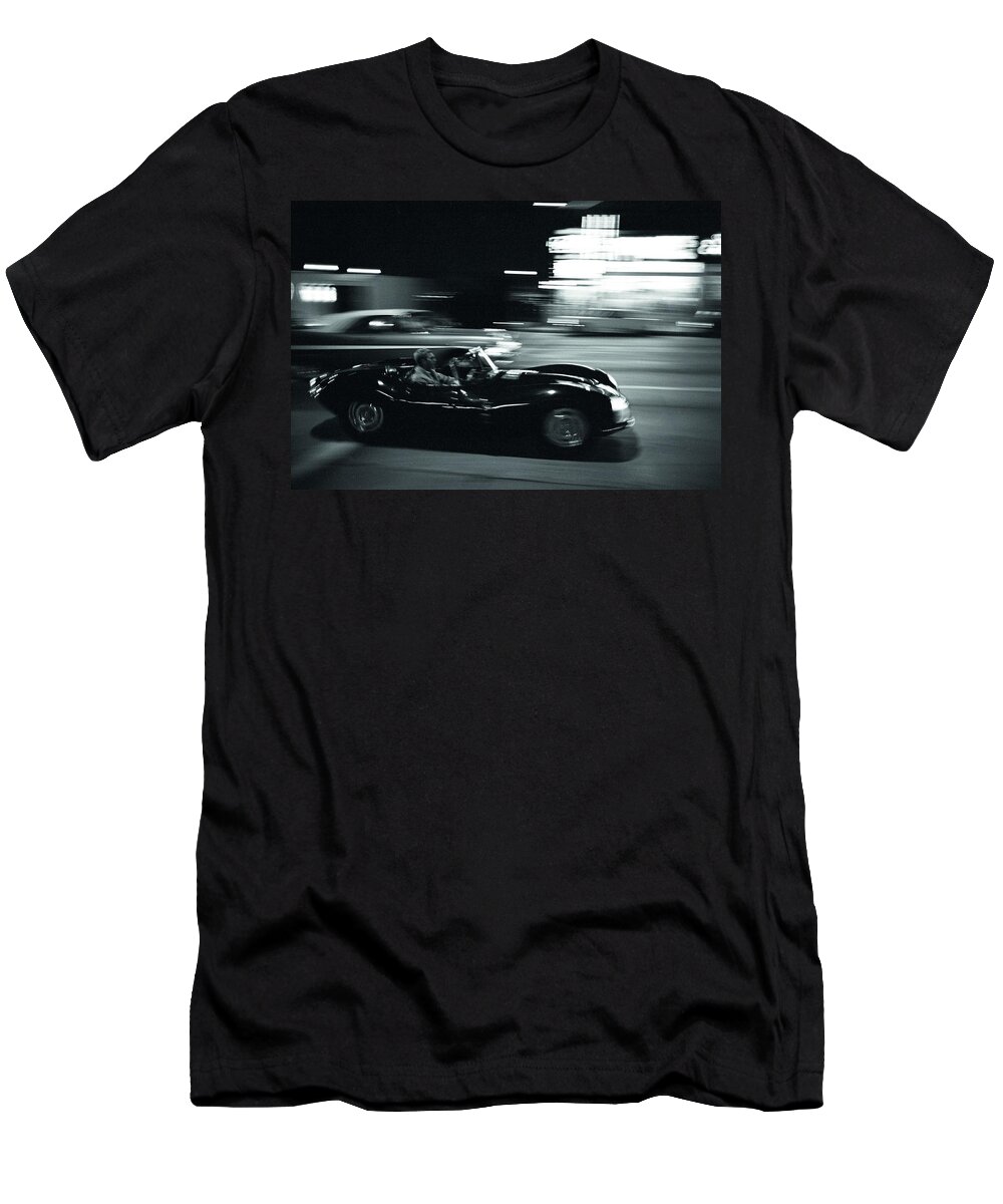Steve Mcqueen T-Shirt featuring the photograph Steve McQueen Jaguar XK-SS on Sunset Blvd by Georgia Fowler