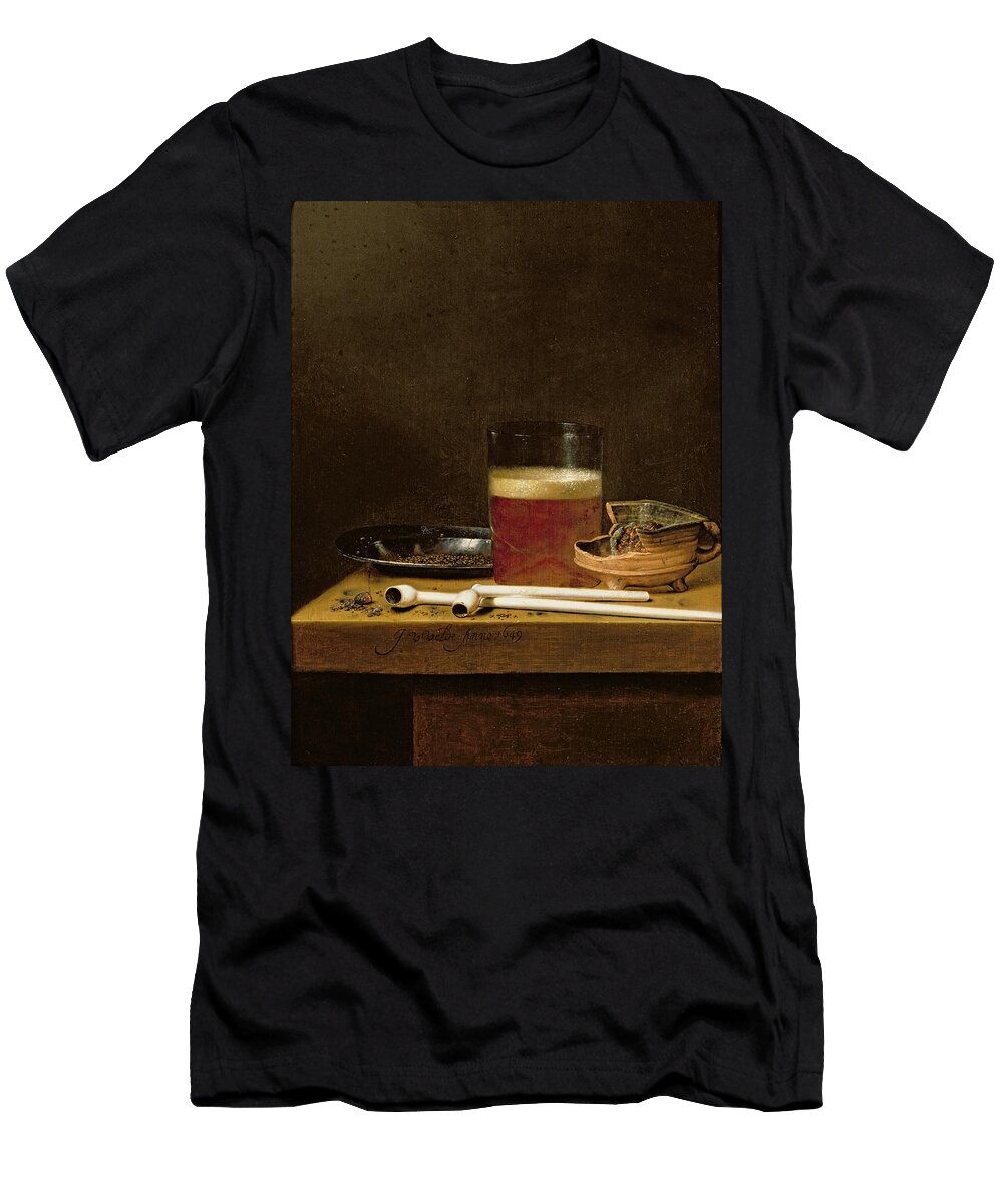 Smoking T-Shirt featuring the photograph Still Life With A Glass Of Beer, Brazier And Clay Pipes Oil On Panel by Jan Jansz. van de Velde