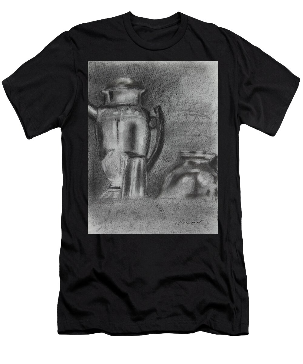 Black And White T-Shirt featuring the drawing Still Life with Reflections by Maria Hunt