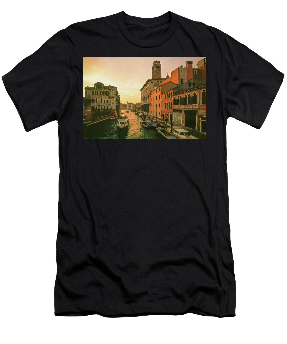 Italy T-Shirt featuring the mixed media Sunrise in Venice by Cliff Wassmann