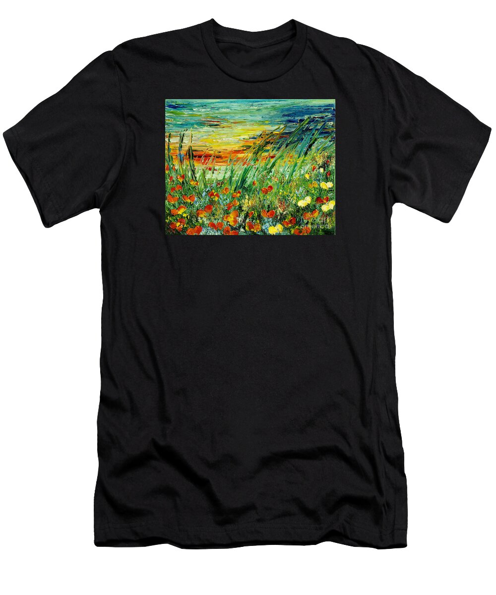 Sunset T-Shirt featuring the painting SUNSET MEADOW series by Teresa Wegrzyn