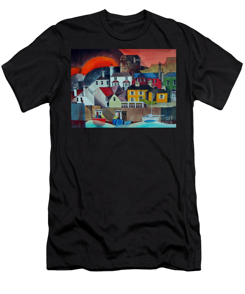 Val Byrne T-Shirt featuring the mixed media Sunset over Howth by Val Byrne