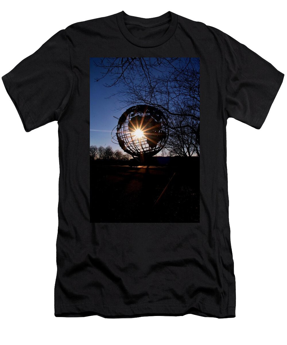 Unisphere T-Shirt featuring the photograph Sunset Through The Unisphere by Karen Silvestri