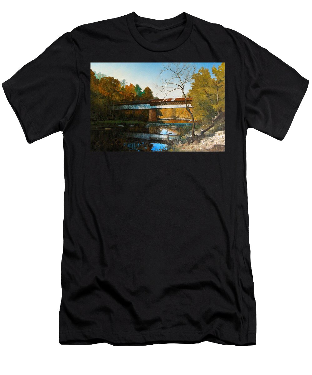 Covered Bridge T-Shirt featuring the painting Swann Covered Bridge in Early Fall by T S Carson