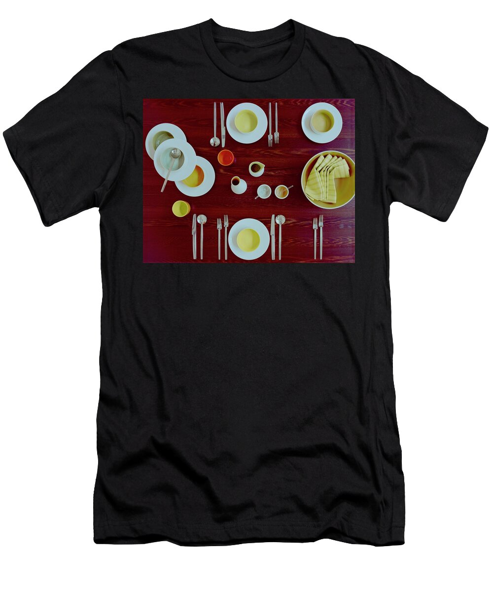 Kitchen T-Shirt featuring the photograph Tableware Set On A Wooden Table by Romulo Yanes