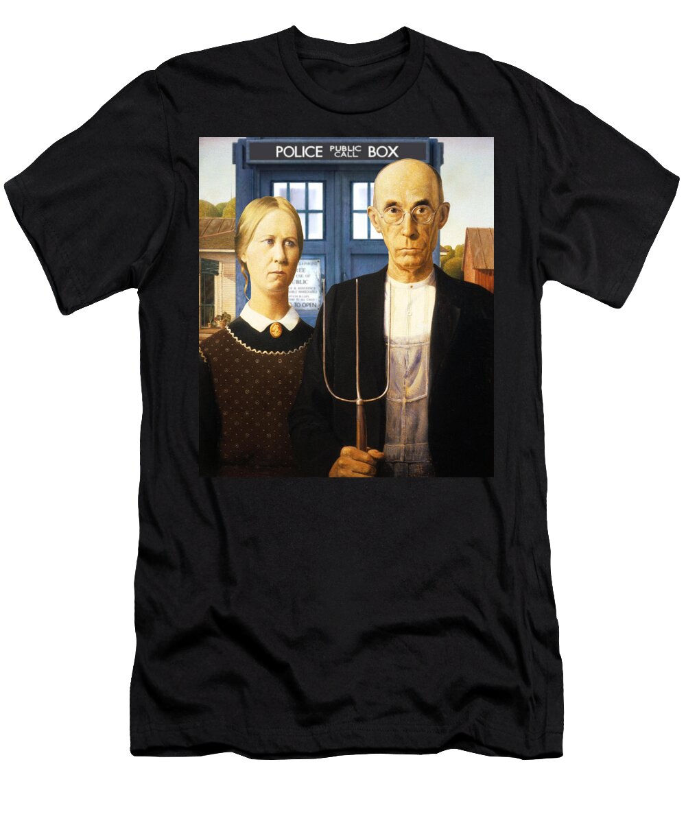 American Gothic T-Shirt featuring the painting TARDIS v Grant Wood by GP Abrajano