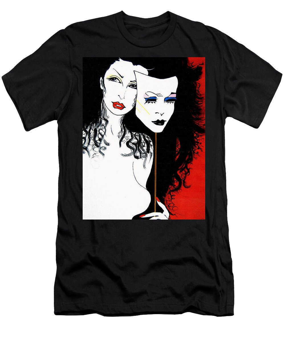 The 2 Face Girl T-Shirt featuring the painting The 2 Face Girl by Nora Shepley
