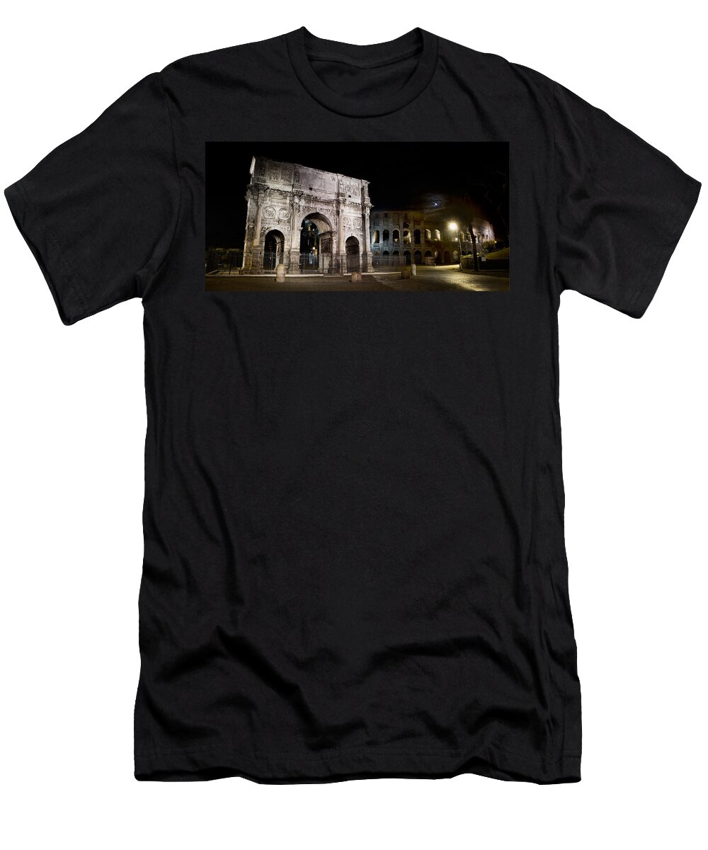 Rome T-Shirt featuring the photograph The Arch of Constantine and the Colosseum at night by Weston Westmoreland