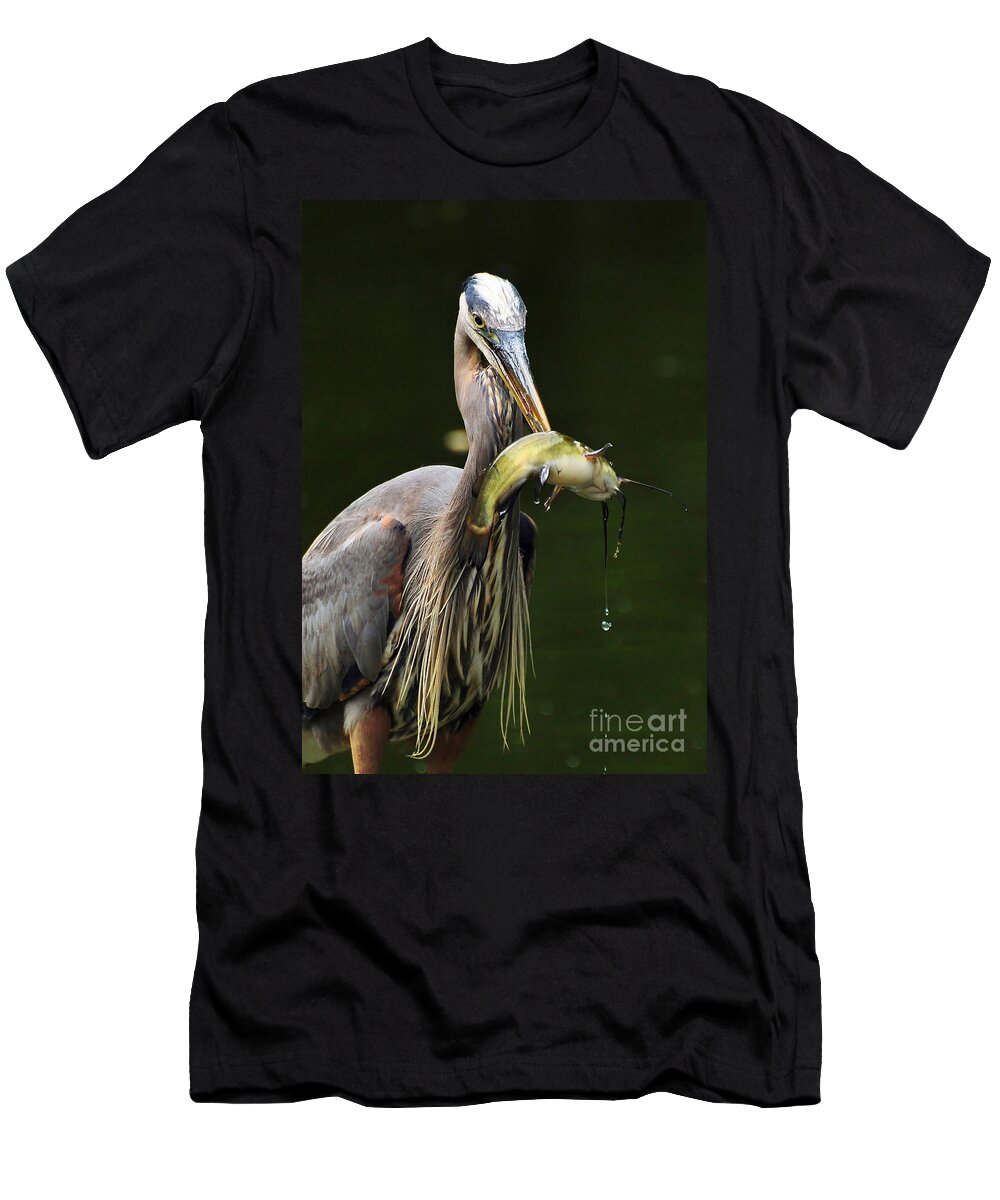 Great Blue Heron T-Shirt featuring the photograph The Big Catch by Kathy Baccari