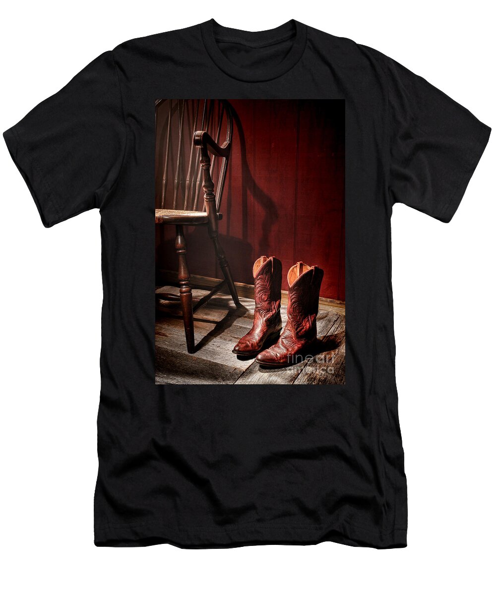 Cowgirl Boots T-Shirt featuring the photograph The Cowgirl Boots and the Old Chair by Olivier Le Queinec