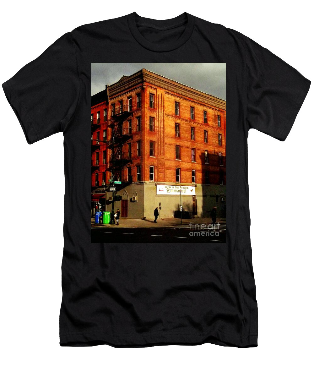 Urban Photography T-Shirt featuring the photograph Iglesia - The Little Church on the Corner - New York City Street Scene by Miriam Danar