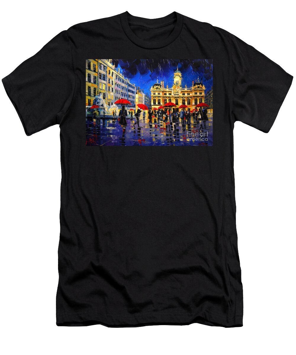 The Red Umbrellas Of Lyon T-Shirt featuring the painting The Red Umbrellas Of Lyon by Mona Edulesco