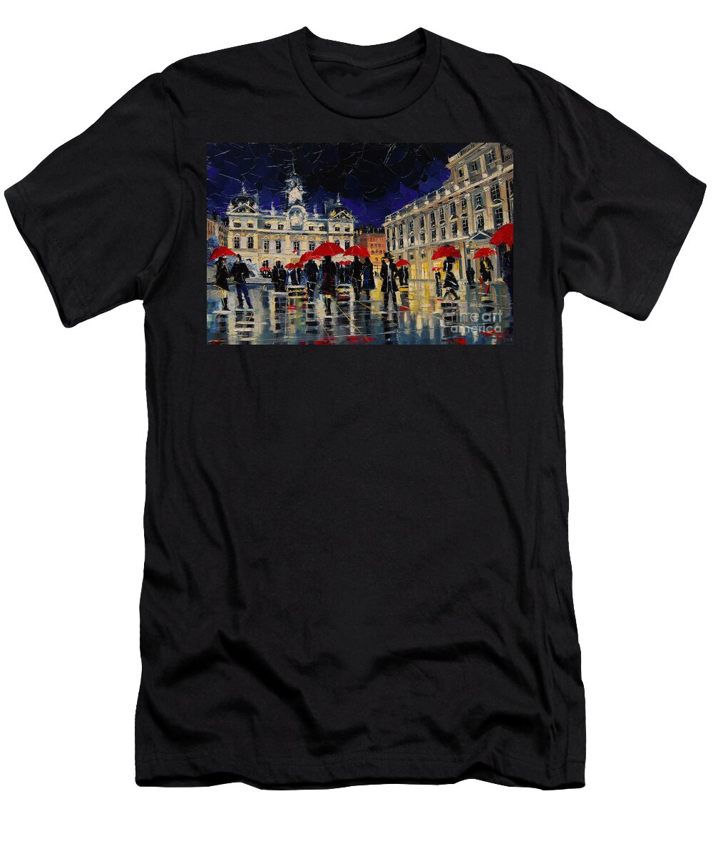 The Rendezvous Of The Place-des-terreaux Square In Lyon T-Shirt featuring the painting The Rendezvous Of Terreaux Square In Lyon by Mona Edulesco