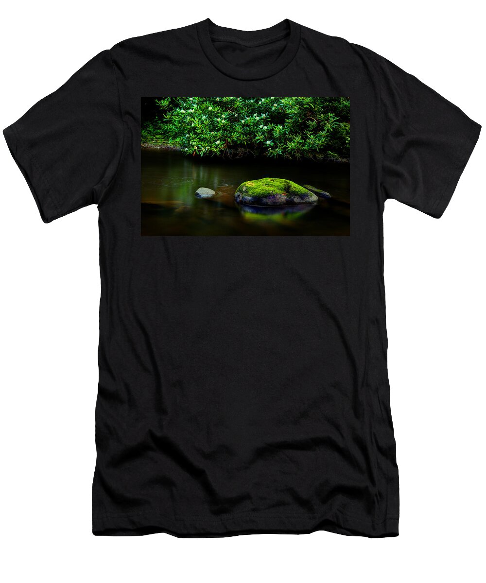 Quiet River Scene T-Shirt featuring the photograph The Stream's Embrace by Michael Eingle