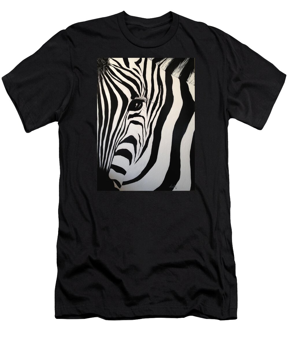 Zebra T-Shirt featuring the painting The Zebra with One Eye by Alan Lakin