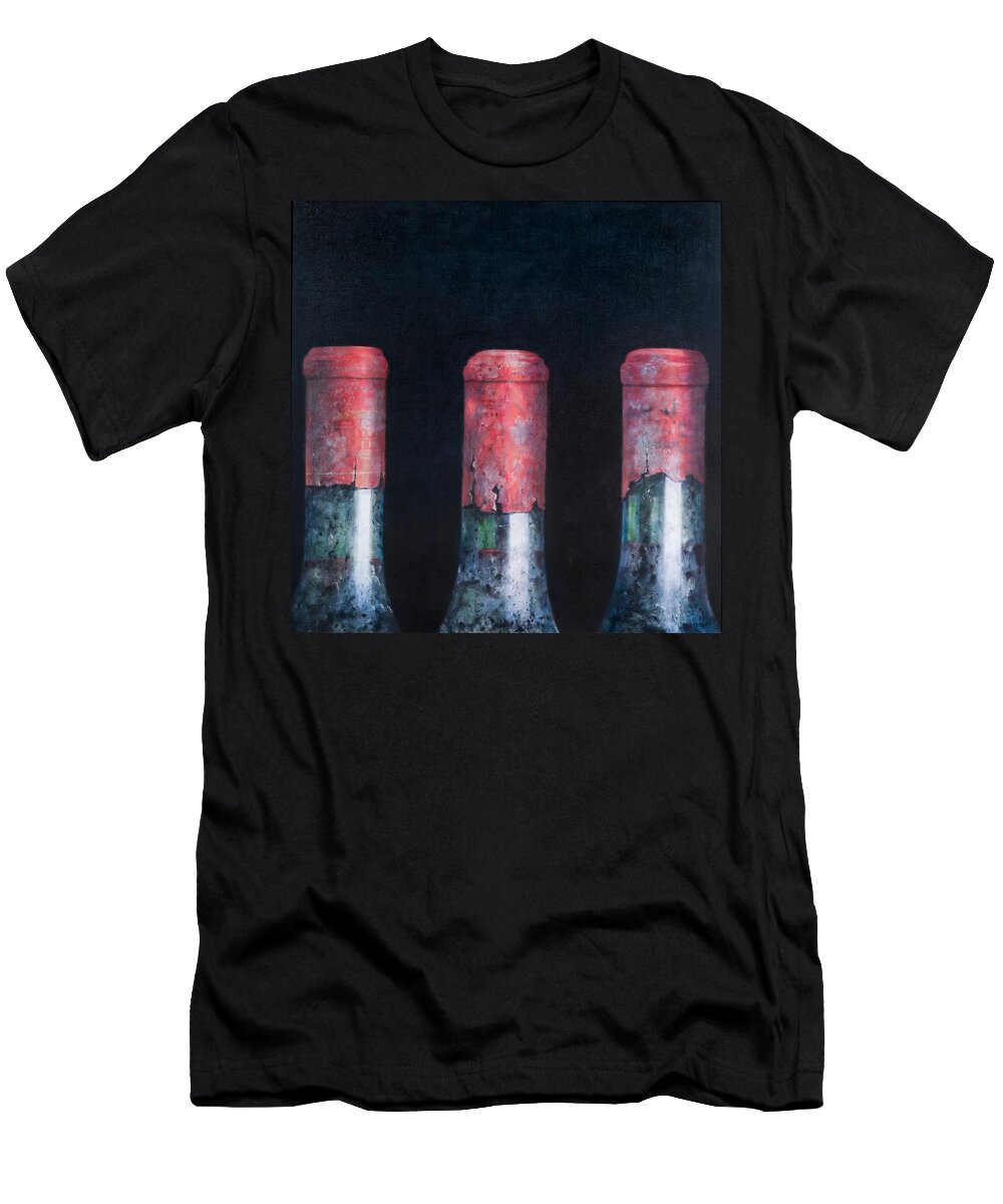 Dust; Dusty; Claret; Clarets; Red Wine; Wine; Wine Bottle; Bottle; Bottles; Wine T-Shirt featuring the painting Three dusty clarets by Lincoln Seligman