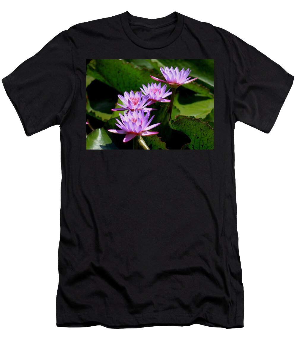 Aquatic Framed Prints T-Shirt featuring the photograph Together We Bloom - Violet Lily by Ramabhadran Thirupattur