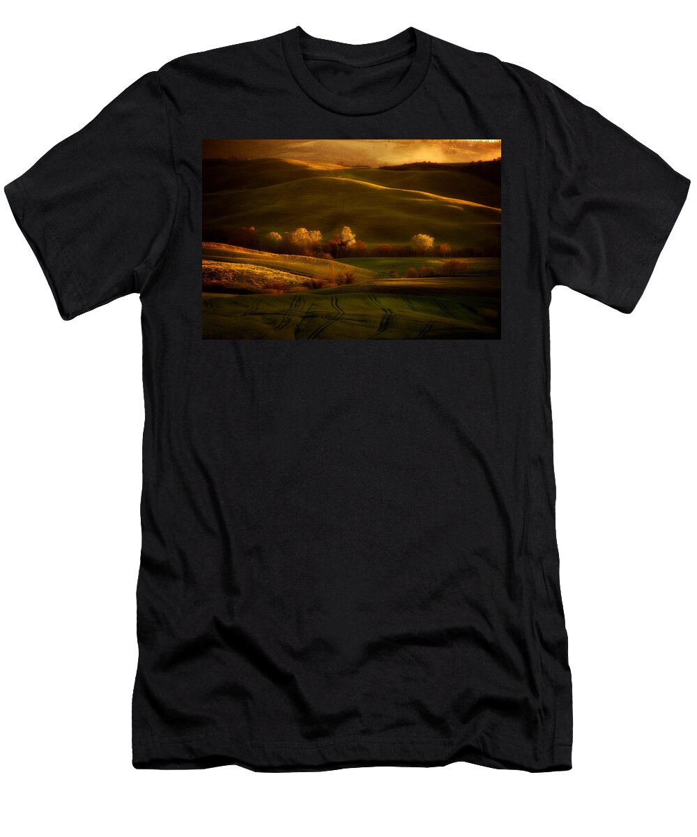 Toskany T-Shirt featuring the photograph Golden fields of val d'Orcia by Jaroslaw Blaminsky