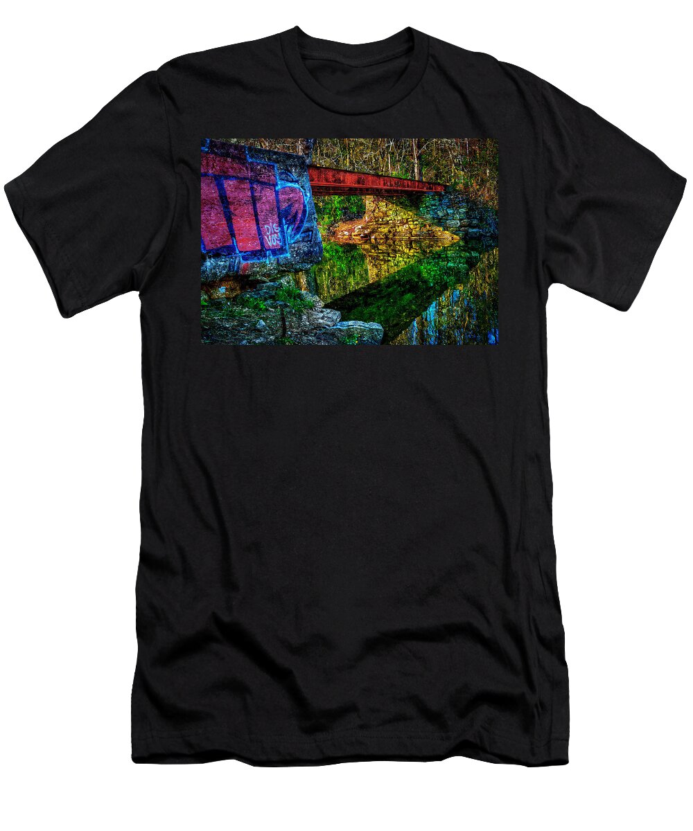 Bridge T-Shirt featuring the painting Train Bridge by Rick Mosher