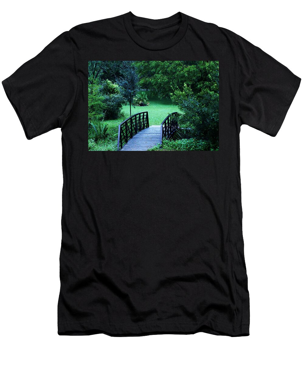 Bridge T-Shirt featuring the painting Trestle to Garden by Chauncy Holmes