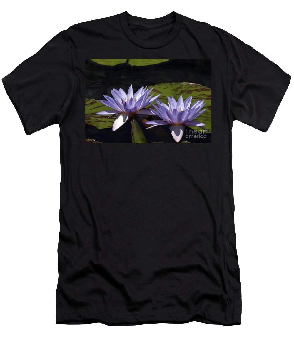 Lavender Tropical Twin Waterlilies T-Shirt featuring the photograph Twin Lavender Tropical Waterlilies by Byron Varvarigos