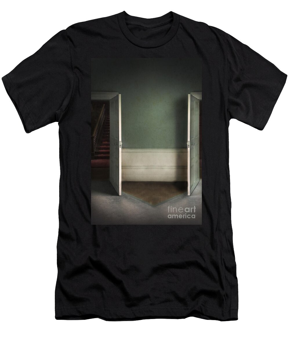 Doors T-Shirt featuring the photograph Two Open Doors In An Eerie Creepy House Leading To A Red Stairca by Lee Avison